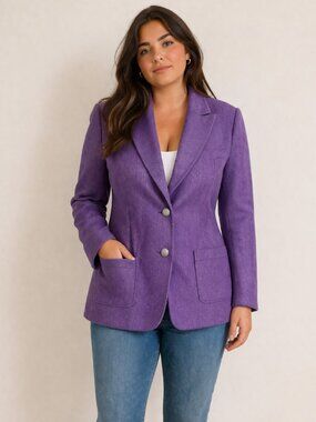 Talbots Lilac Purple Wool Blend Herringbone Print Two Button Blazer 16W